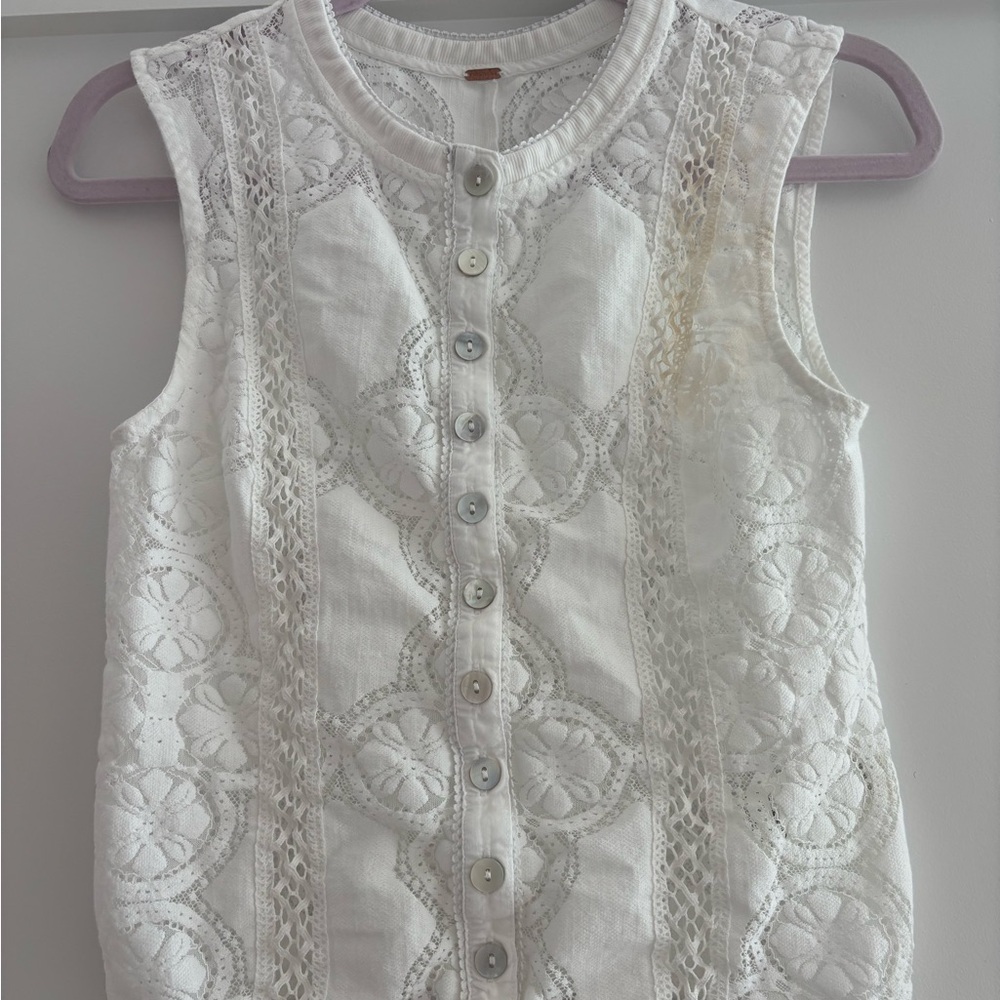 Free People White Lace Short Sleeve Top